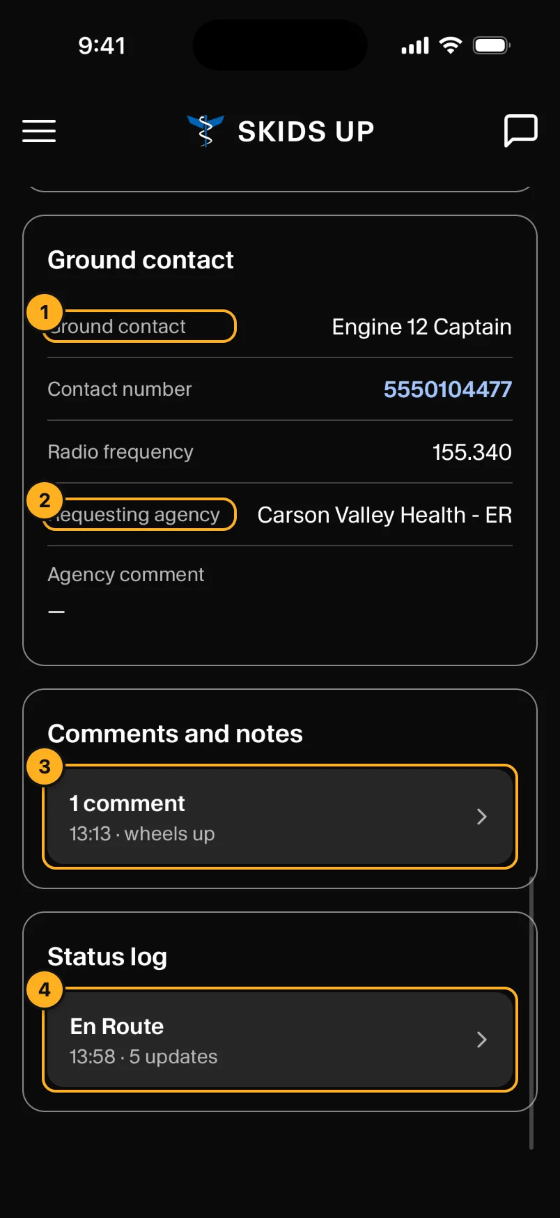 Ground contact, notes and status log