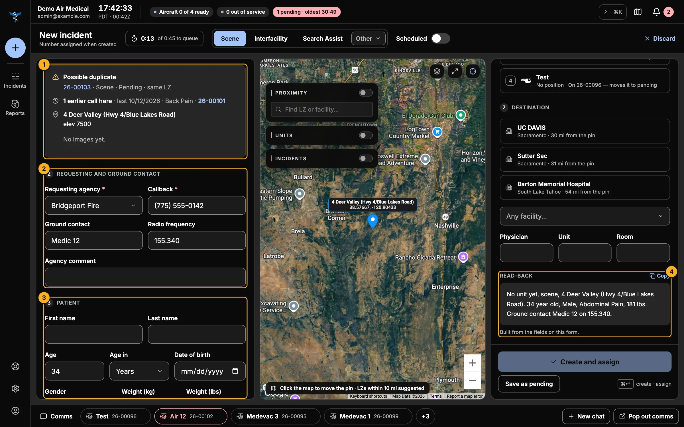 New incident: briefing, contacts, patient and read-back